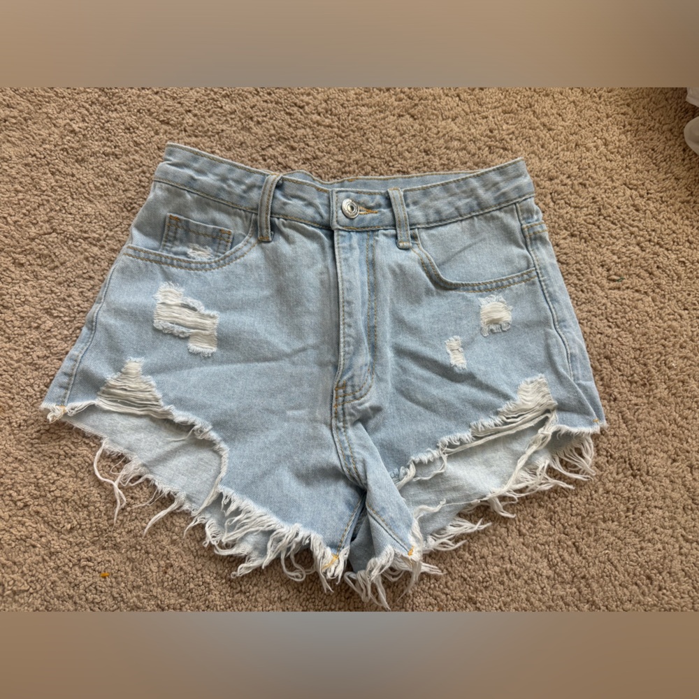 Distressed Light Wash Denim Shorts XS High Rise Frayed Hem Festival Summer